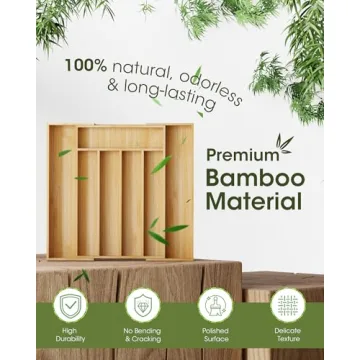 AUJEN Bamboo Silverware Organizer - Expandable Drawer Organizer, Adjustable Utensil Organizer, Kitchen Cutlery Drawer Organizer, Kitchen Organizers and Storage Holder for Flatware, 5-7 Slots, Natural