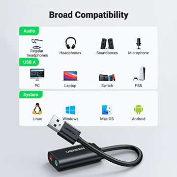 UGREEN External USB Sound Card Jack USB Adapter for Computer, PS5, PS4, USB Audio Stereo Adapter External Sound Card (Black)