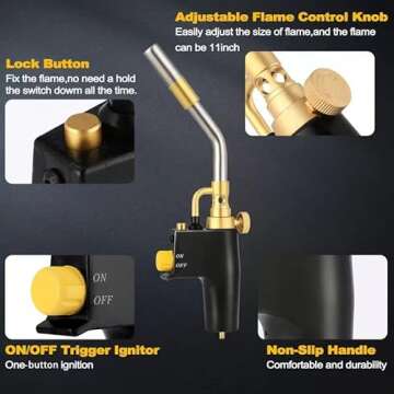 Propane Torch Head, High Intensity Trigger Start Torch with Self Ignition Adjustable Flame and Flame Lock, Mapp Gas Torch Head Welding, Brazing, Culinary and Melting Ice