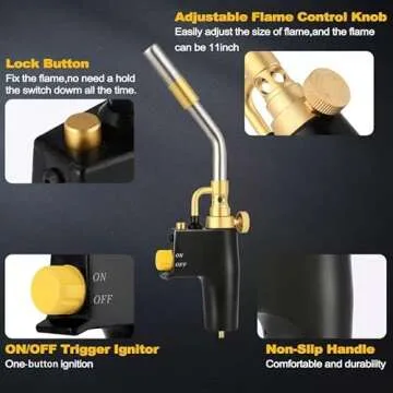 Propane Torch Head, High Intensity Trigger Start Torch with Self Ignition Adjustable Flame and Flame Lock, Mapp Gas Torch Head Welding, Brazing, Culinary and Melting Ice