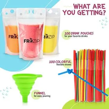 Frozip 100pcs 16oz Drink Pouches for Adults - Drink Pouches with Straws x100 & Funnel - Resealable Smoothie Pouches & Clear Juice Pouches for Adults - Drink Bag Plastic Pouches for Drinks with Straws