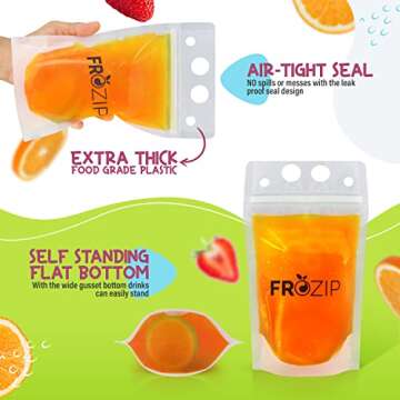 Frozip 100pcs 16oz Drink Pouches for Adults - Drink Pouches with Straws x100 & Funnel - Resealable Smoothie Pouches & Clear Juice Pouches for Adults - Drink Bag Plastic Pouches for Drinks with Straws