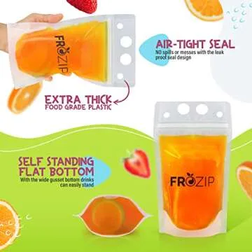 Frozip 100pcs 16oz Drink Pouches for Adults - Drink Pouches with Straws x100 & Funnel - Resealable Smoothie Pouches & Clear Juice Pouches for Adults - Drink Bag Plastic Pouches for Drinks with Straws