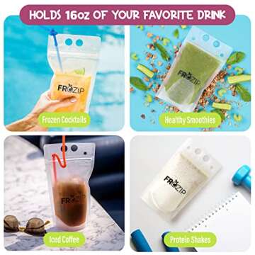 Frozip 100pcs 16oz Drink Pouches for Adults - Drink Pouches with Straws x100 & Funnel - Resealable Smoothie Pouches & Clear Juice Pouches for Adults - Drink Bag Plastic Pouches for Drinks with Straws