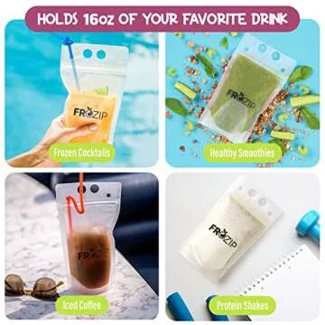 Frozip 100pcs 16oz Drink Pouches for Adults - Drink Pouches with Straws x100 & Funnel - Resealable Smoothie Pouches & Clear Juice Pouches for Adults - Drink Bag Plastic Pouches for Drinks with Straws