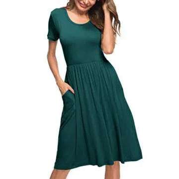 AUSELILY Women's Short Sleeve Empire Waist Dress Pleated Loose Swing Knee Length Dresses with Pockets 2025 New Dark Green M