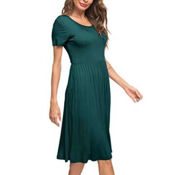 AUSELILY Women's Short Sleeve Empire Waist Dress Pleated Loose Swing Knee Length Dresses with Pockets 2025 New Dark Green M