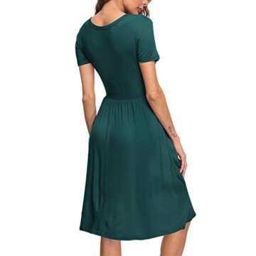 AUSELILY Women's Short Sleeve Empire Waist Dress Pleated Loose Swing Knee Length Dresses with Pockets 2025 New Dark Green M