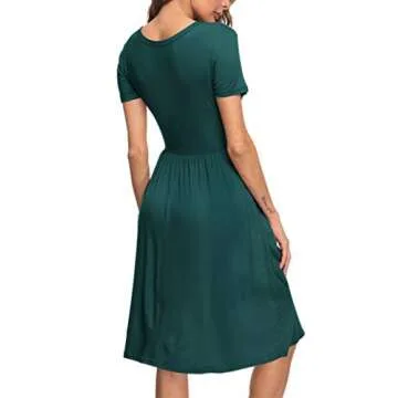AUSELILY Women's Short Sleeve Empire Waist Dress Pleated Loose Swing Knee Length Dresses with Pockets 2025 New Dark Green M