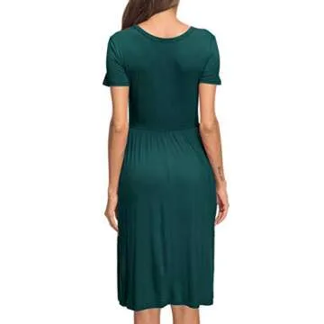 AUSELILY Women's Short Sleeve Empire Waist Dress Pleated Loose Swing Knee Length Dresses with Pockets 2025 New Dark Green M