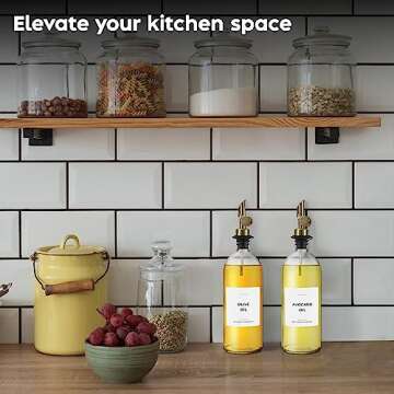 Spaceneat Olive Oil Dispenser Bottle - Includes 55 Kitchen Essential Labels - Cooking Oil Bottles for Kitchen, Coffee Syrup Dispenser - Pourer Spout with 16.9 fl oz Glass Container Cruet - 2pcs, Gold