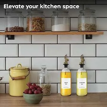 Spaceneat Olive Oil Dispenser Bottle - Includes 55 Kitchen Essential Labels - Cooking Oil Bottles for Kitchen, Coffee Syrup Dispenser - Pourer Spout with 16.9 fl oz Glass Container Cruet - 2pcs, Gold