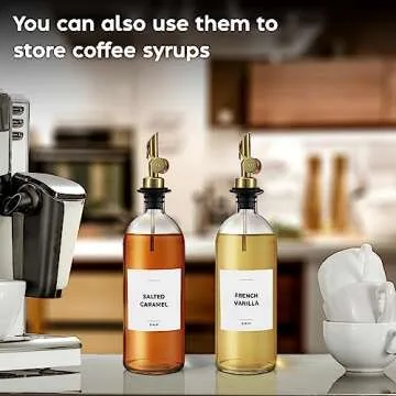 Spaceneat Olive Oil Dispenser Bottle - Includes 55 Kitchen Essential Labels - Cooking Oil Bottles for Kitchen, Coffee Syrup Dispenser - Pourer Spout with 16.9 fl oz Glass Container Cruet - 2pcs, Gold