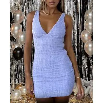 ZREQV Sexy Mini Dresses for Women Date Night Summer Bodycon Sleeveless V Neck Backless Vacation Y2K Cocktail Club Party Tank Dress Light Blue M