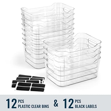 12 Pack Multi-Use Clear Storage Bins with Labels