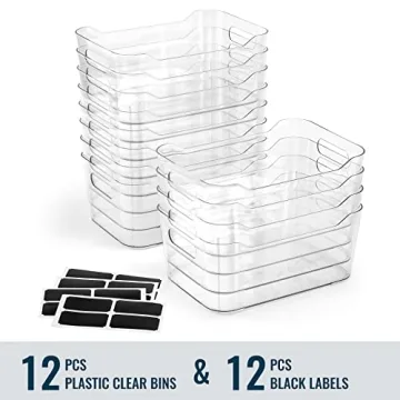 12 Pack Multi-Use Clear Storage Bins with Labels