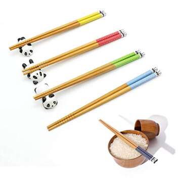 5 Pairs Chopsticks and Chopstick Rest Set, Cute Panda Chopsticks Holder 3 Pcs, Classic Japanese Styl...