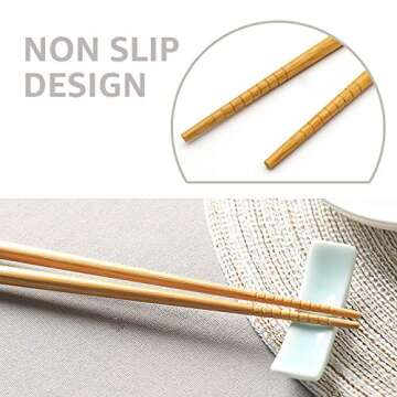 5 Pairs Chopsticks and Chopstick Rest Set, Cute Panda Chopsticks Holder 3 Pcs, Classic Japanese Style Bamboo Natural Reusable Chopsticks, Dishwasher - Safe, Chopsticks Holder Gift Set (Panda)