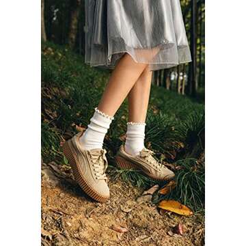 SEMOHOLLI Women Socks, Women Ankle Socks, Lovely double needle solid color Lace edge relent lady socks (3 Pairs-white-long Style-ruffle Frilly)