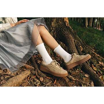 SEMOHOLLI Women Socks, Women Ankle Socks, Lovely double needle solid color Lace edge relent lady socks (3 Pairs-white-long Style-ruffle Frilly)