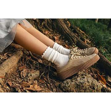 SEMOHOLLI Women Socks, Women Ankle Socks, Lovely double needle solid color Lace edge relent lady socks (3 Pairs-white-long Style-ruffle Frilly)