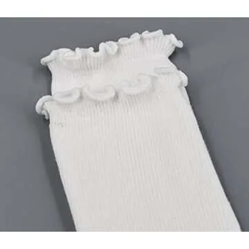 SEMOHOLLI Women Socks, Women Ankle Socks, Lovely double needle solid color Lace edge relent lady socks (3 Pairs-white-long Style-ruffle Frilly)