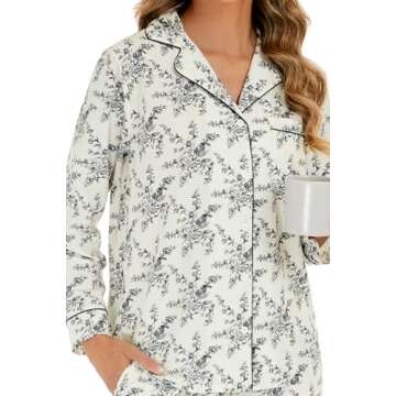 LUBOT 100% Cotton Pajamas for Women 2PC PJ Set Soft Pajama Set Woven Long Sleeve Button-Down Two Piece Printed Sleepwear Loungewear Set (Sketch Rose, M)