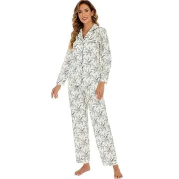 LUBOT 100% Cotton Pajamas for Women 2PC PJ Set Soft Pajama Set Woven Long Sleeve Button-Down Two Piece Printed Sleepwear Loungewear Set (Sketch Rose, M)