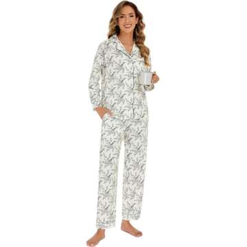 LUBOT 100% Cotton Pajamas for Women 2PC PJ Set Soft Pajama Set Woven Long Sleeve Button-Down Two Piece Printed Sleepwear Loungewear Set (Sketch Rose, M)