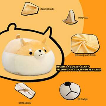 Stuffed Animal Storage Bean Bag Chair Cover for Kids Yellow Dog Shiba Inu Bean Bag Chair for Girls Large Size Toy Organizer Cover Only Without Filling