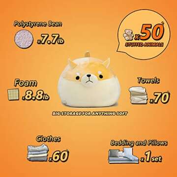 Stuffed Animal Storage Bean Bag Chair Cover for Kids Yellow Dog Shiba Inu Bean Bag Chair for Girls Large Size Toy Organizer Cover Only Without Filling