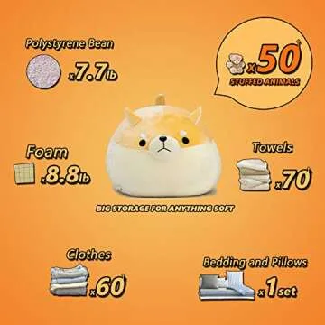 Stuffed Animal Storage Bean Bag Chair Cover for Kids Yellow Dog Shiba Inu Bean Bag Chair for Girls Large Size Toy Organizer Cover Only Without Filling