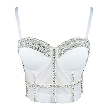 ELLACCI Women's Diamond Chain Mesh Bustier Crop Top Push Up Corset Top Bralet White Medium