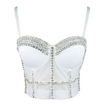 ELLACCI Women's Diamond Chain Mesh Bustier Crop Top Push Up Corset Top Bralet White Medium