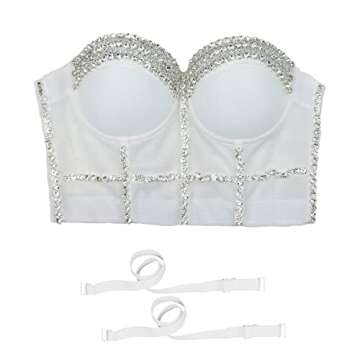 ELLACCI Women's Diamond Chain Mesh Bustier Crop Top Push Up Corset Top Bralet White Medium
