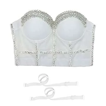 ELLACCI Women's Diamond Chain Mesh Bustier Crop Top Push Up Corset Top Bralet White Medium