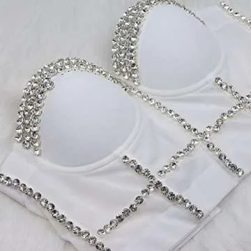 ELLACCI Women's Diamond Chain Mesh Bustier Crop Top Push Up Corset Top Bralet White Medium