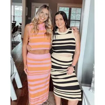 Arach&Cloz Womens 2 Piece Sets 2025 Summer Outfits Travel Matching Clothing Fall Fashion Bodycon Dressy Vacation Striped Tank Top Midi Skirt Going Out Date Night Sweater Lounge(pink-orange,M)