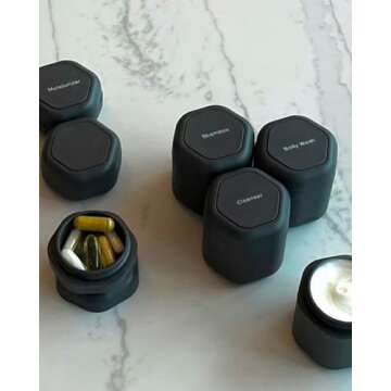 Cadence Travel Containers - Daily Routine Capsule Set - Magnetic Travel Capsules - For Shampoo, Conditioner, Body Wash, Pills, and More - 4 Flex Mediums (1.32oz) & 3 Flex Smalls (0.56oz) - Charcoal