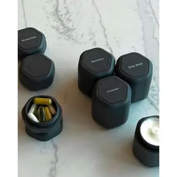 Cadence Travel Containers - Daily Routine Capsule Set - Magnetic Travel Capsules - For Shampoo, Conditioner, Body Wash, Pills, and More - 4 Flex Mediums (1.32oz) & 3 Flex Smalls (0.56oz) - Charcoal
