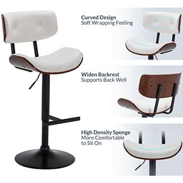 BELLEZE Adjustable Counter Height Bar Stools Set of 2, Faux Leather Upholstered Swivel Barstools with Widen Back, Kitchen Counter Stools Mid Century Modern Bar Chairs - Avalon (White)