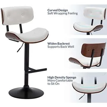 BELLEZE Adjustable Counter Height Bar Stools Set of 2, Faux Leather Upholstered Swivel Barstools with Widen Back, Kitchen Counter Stools Mid Century Modern Bar Chairs - Avalon (White)