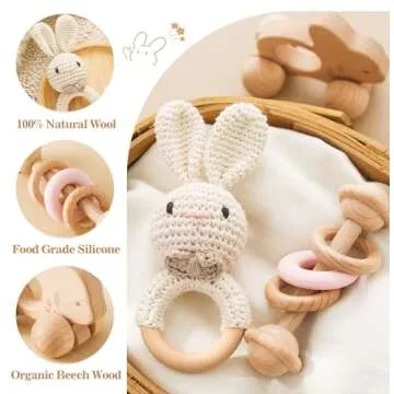 Wooden Baby Rattle 3 PCS Push Car Rattle Set Crochet Rattle Ring Wooden Montessori Toy for Newborn I...
