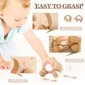 Wooden Baby Rattle 3 PCS Push Car Rattle Set Crochet Rattle Ring Wooden Montessori Toy for Newborn Infant Baby Gifts (Rabbit Rattle)