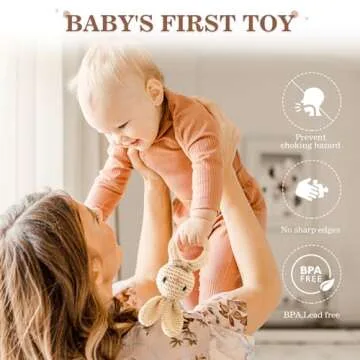 Wooden Baby Rattle 3 PCS Push Car Rattle Set Crochet Rattle Ring Wooden Montessori Toy for Newborn Infant Baby Gifts (Rabbit Rattle)