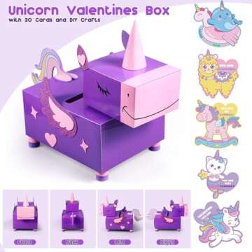 Pasimy Valentines Box with 30 Cards and DIY Crafts Unicorn Valentines Mailbox Kit Valentine's Day Mailbox Crafts for Boys Girls Kids Classroom Activities Valentines Mailbox Crafts Party Favors
