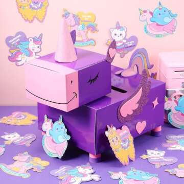 Pasimy Valentines Box with 30 Cards and DIY Crafts Unicorn Valentines Mailbox Kit Valentine's Day Mailbox Crafts for Boys Girls Kids Classroom Activities Valentines Mailbox Crafts Party Favors