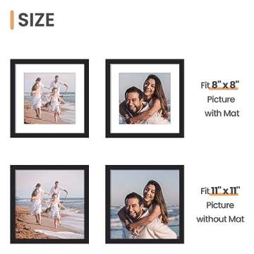 upsimples 11x11 Picture Frame, Display Pictures 8x8 with Mat or 11 x 11 Without, Wall Hanging Square Frames, Black, 1 Pack
