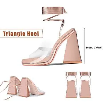 WETKISS Rose Gold Sandals, Strappy Heels for Women, Lace up Tie up Heels, Square Toe High Heels PVC Clear Block Chunky Heels