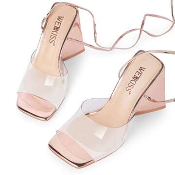 WETKISS Rose Gold Sandals, Strappy Heels for Women, Lace up Tie up Heels, Square Toe High Heels PVC Clear Block Chunky Heels